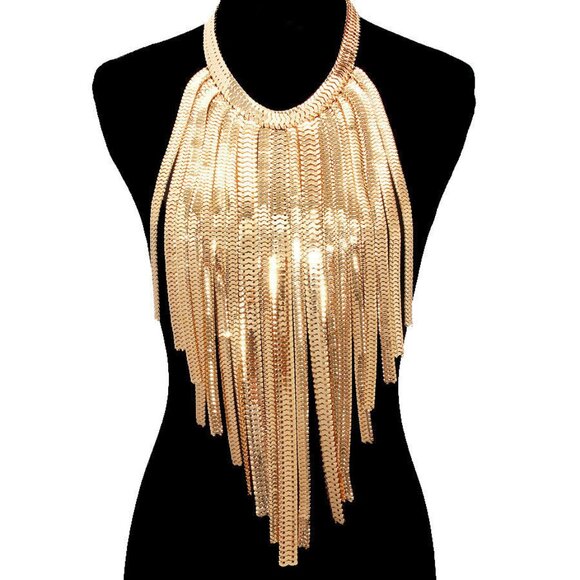 Gold Long Fringe Metallic Statement Necklace Fall 2025 - Picture 2 of 8